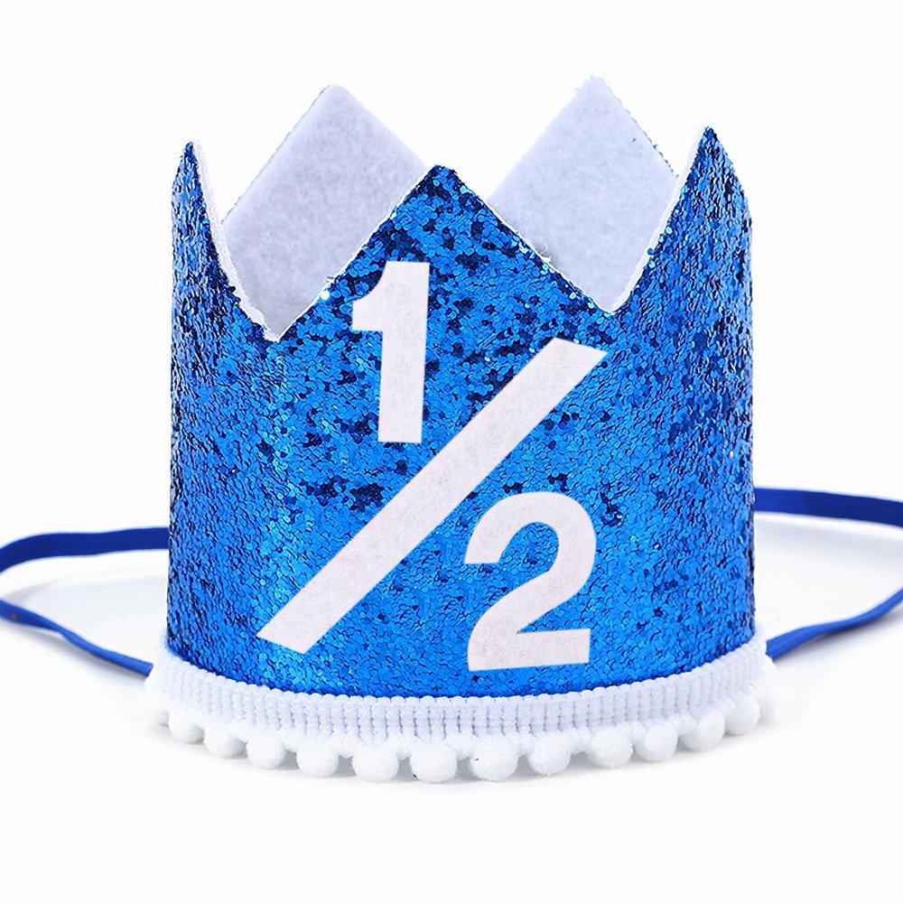 Alianzeo Half Birthday Crown - Blue Glitter Party Hat for Baby Girl or Boy, 6 Month Birthday Decoration