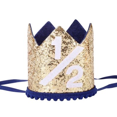 Alainzeo Half Birthday Party Crown, 1/2 Golden Party Hat for Baby Girl or Boy, Glitter Crown hat for 6 Month baby Birthday Decoration, Party Photo Prop (Glitter Golden and Navy Blue)
