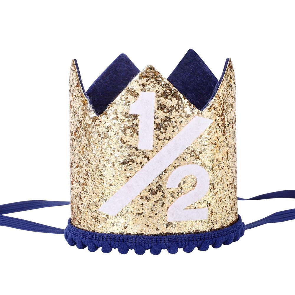 Alainzeo Half Birthday Party Crown, 1/2 Golden Party Hat for Baby Girl or Boy, Glitter Crown hat for 6 Month baby Birthday Decoration, Party Photo Prop (Glitter Golden and Navy Blue)