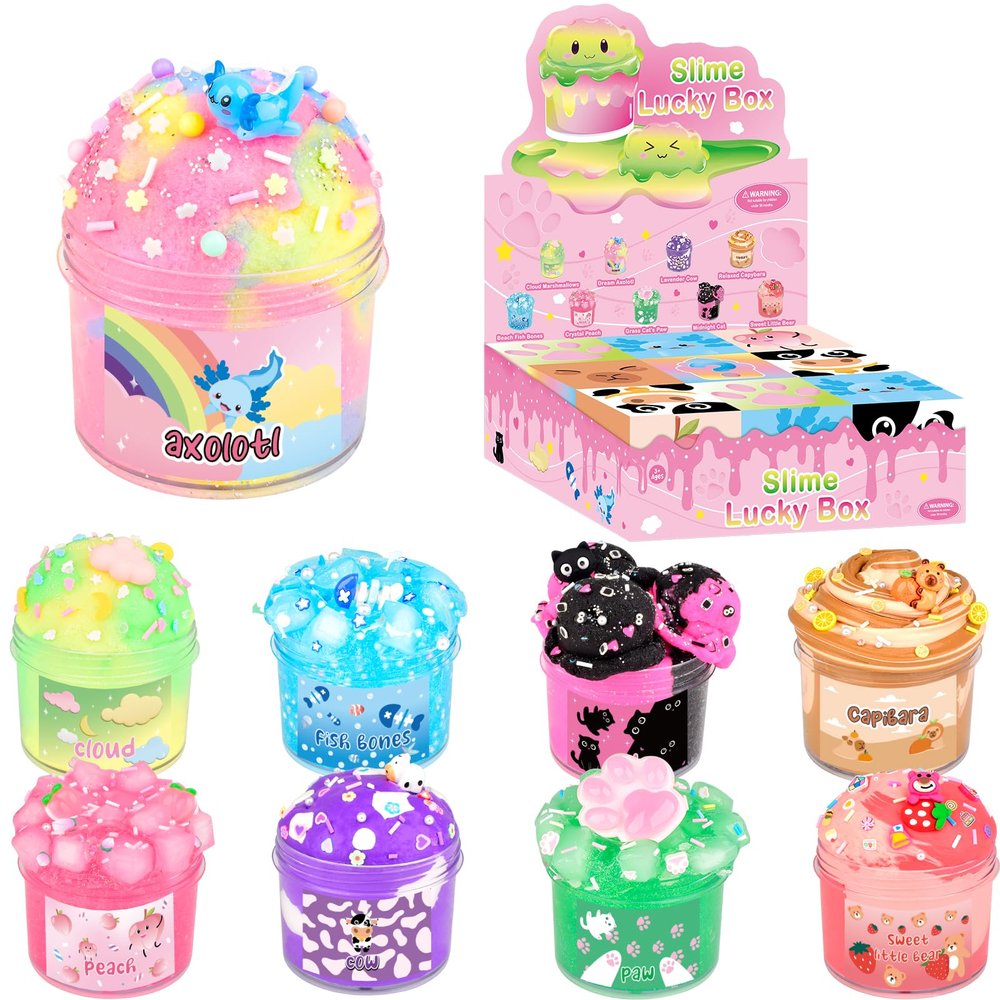 9 Packs Lucky Box Slime Kit - Cloud Butter & Clear Slime, Crunchy Slimes for Kids, Non Sticky, Party Favors, Goodie Bag Stuffers, 8-12 Year Old Girls Boys Birthday Gift Ideas Cute Stuff