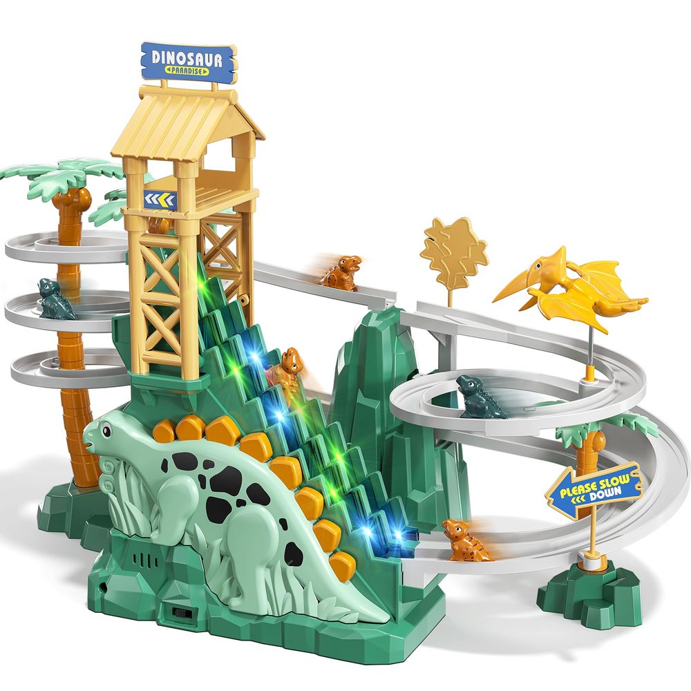 JUKUDAHU Dinosaur Climbing Slide Stair Toy for Toddlers Aged 3 4 5 6 7 8 - Racing Track Game Set, Sliding Car Toy, Dinosaur Themed with Light and Music, Birthday Dinosaur Gifts for Boys Girls Kids