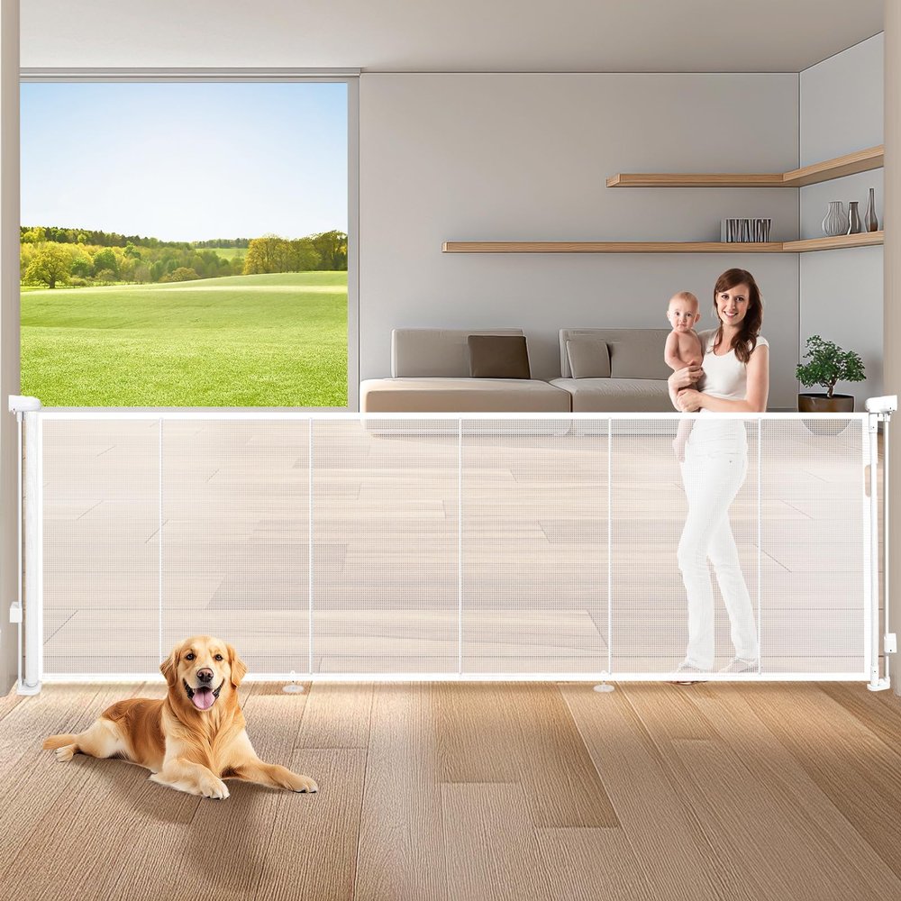 120" Extra Wide Retractable Baby Gates Mesh Gate, Long Retractable Dog Gate for Large Opening, 42" Extra Tall Child Safety Gate Pet Gate with Support Rods for Stairs Hallways Doorways Indoor Outdoor