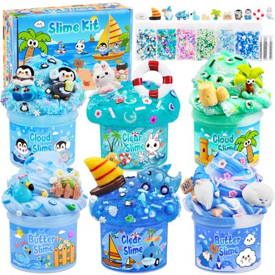 LAWOHO 6 Pack Blue Ocean Slime, Clear Butter Cloud Slime Kits for Girls Ages 8-12, Non-Stick Kids Slime Party Favor Toys with Add-Ins, Birthday Goodie Bag Stuffers Easter Valentines Day Gifts for Kids