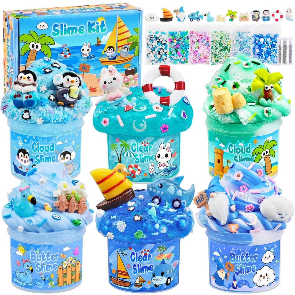 LAWOHO 6 Pack Blue Ocean Slime, Clear Butter Cloud Slime Kits for Girls Ages 8-12, Non-Stick Kids Slime Party Favor Toys with Add-Ins, Birthday Goodie Bag Stuffers Easter Valentines Day Gifts for Kids
