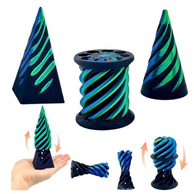 3D Printed Spiral Fidget Toys Impossible Pyramid Passthrough Sculpture Mini Cones Pass Through Pyramid Fidget Toy (Green Black)