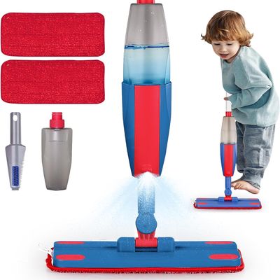 Kids Spray Mop Real with Sprayer + 2PCS Mop Pads, Toddler Cleaning Tool Real Works for Realistic Housekeeping Cleaner Pretend Play Toys Montessori Mini Mop & Sweeper for Kids Aged 3+