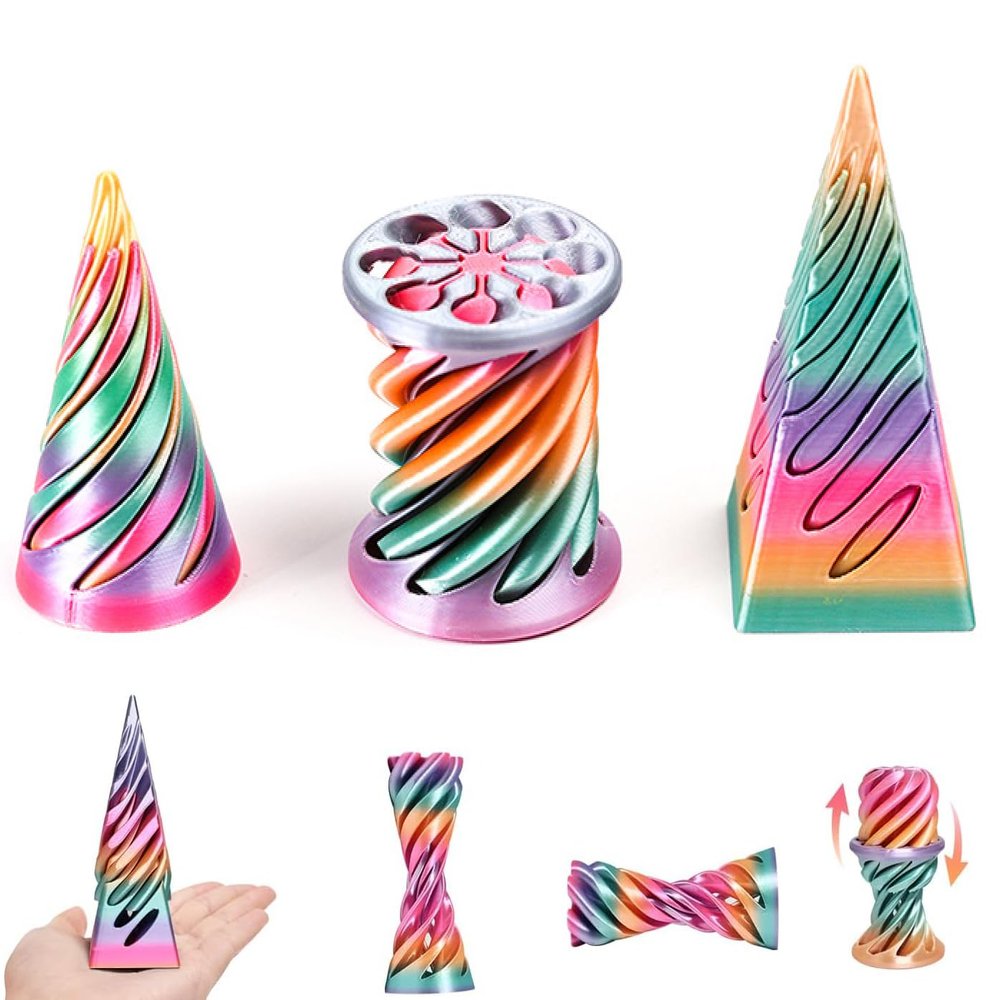 3D Printed Spiral Fidget Toys Impossible Pyramid Passthrough Sculpture Mini Cones Pass Through Pyramid Fidget Toy (Rainbow)