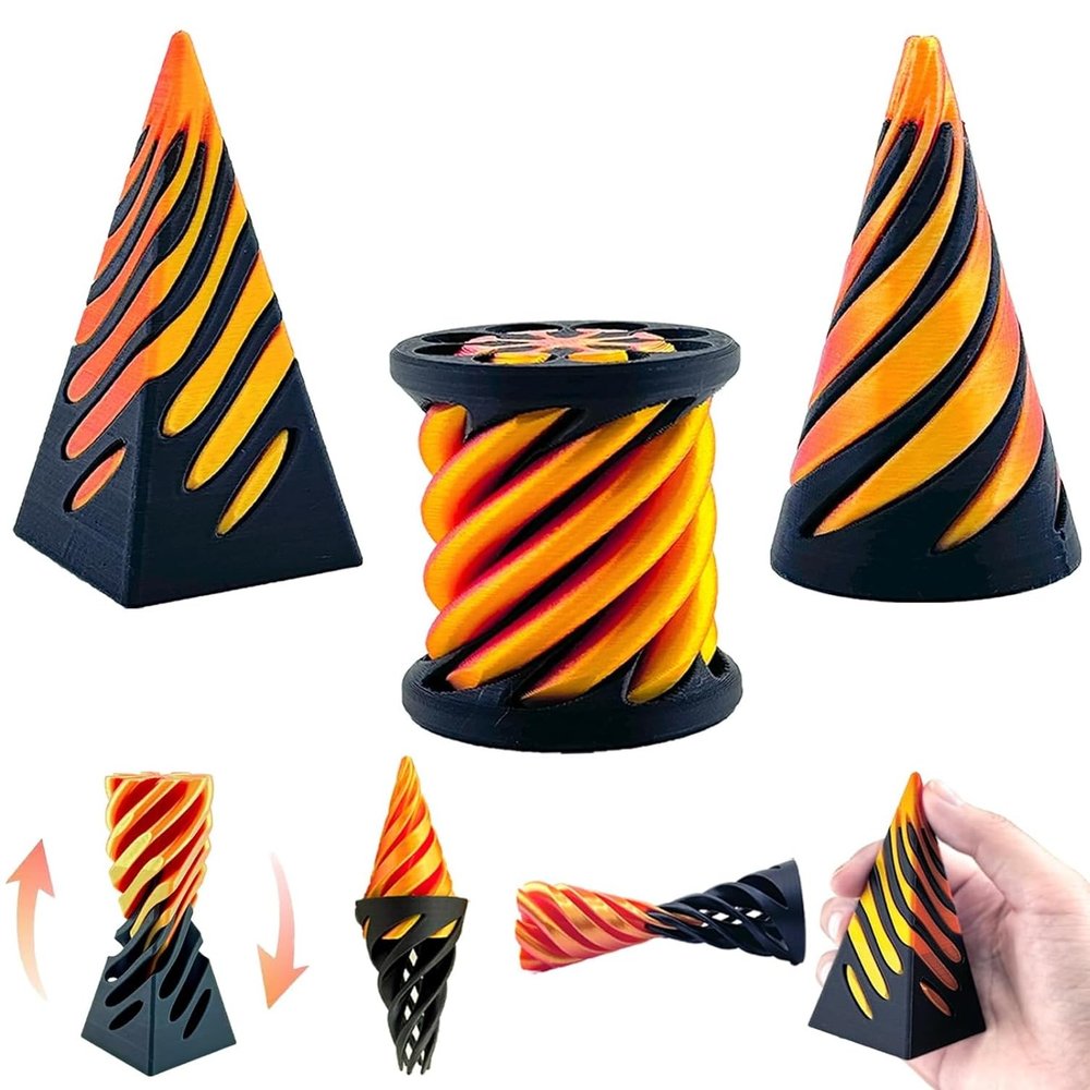 3D Printed Spiral Fidget Toys Impossible Pyramid Passthrough Sculpture Mini Cones Pass Through Pyramid Fidget Toy (Gold Black)
