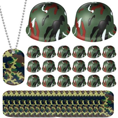 PullCrease 30 Pcs Army Party Favor Helmet Costume Includes Kid Plastic Camouflage Hats Military Dog Tags Chains