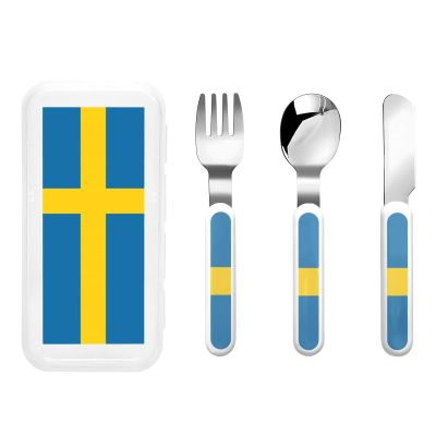 Swedish flag Children's tableware 3-piece set, reusable knife, fork and spoon cutlery set, portable children's food protection tableware