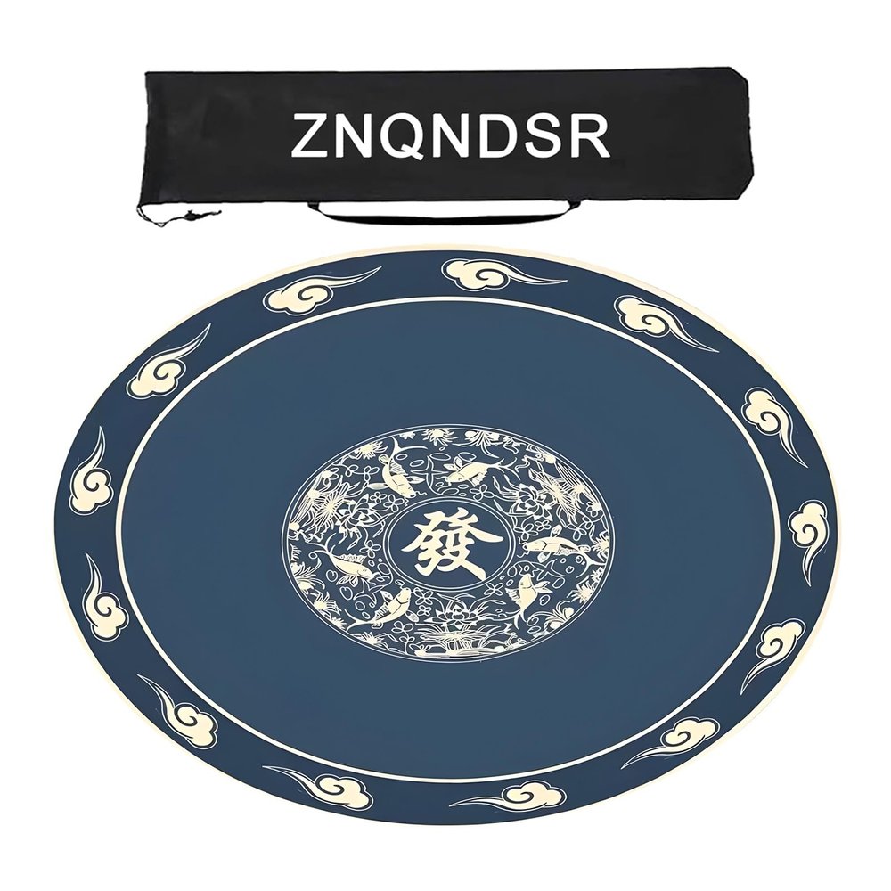 Round Mahjong Mat with Storage Bag, Mute Mahjong Table Pad, Mahjong Game Mat for Mahjong Pai Jiu Poker(Blue,90cm/35in)