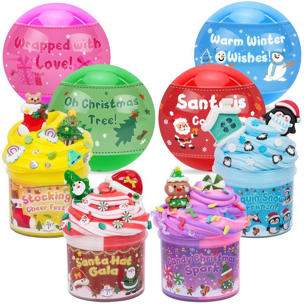 4 Pack Christmas Slime Balls with Charms, Christmas Stocking Stuffers for Kids, DIY Butter Slimes Sensory Toys, Slime Party Favors for Girls Boys, Halloween Xmas Gifts for Girls & Boys Kids Ages 4-12