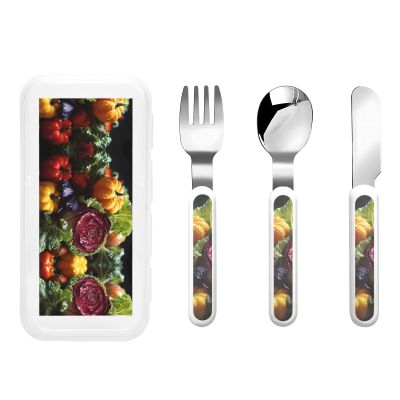 Fresh Cabbage Children's tableware 3-piece set, reusable knife, fork and spoon cutlery set, portable children's food protection tableware
