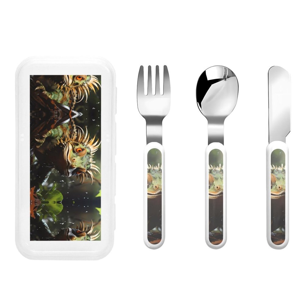 Spiny lizards Children's tableware 3-piece set, reusable knife, fork and spoon cutlery set, portable children's food protection tableware