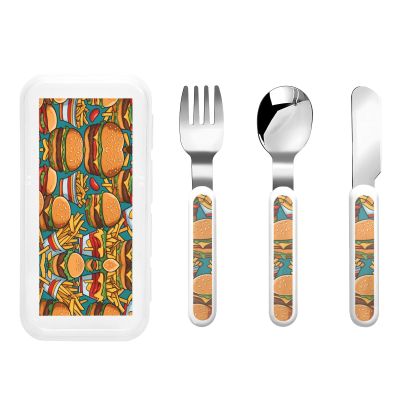 cute burger fries Children's tableware 3-piece set, reusable knife, fork and spoon cutlery set, portable children's food protection tableware