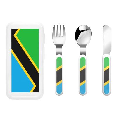 Tanzania Flag Children's tableware 3-piece set, reusable knife, fork and spoon cutlery set, portable children's food protection tableware