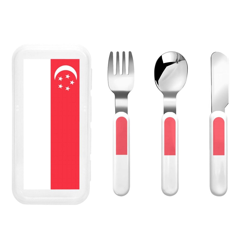 Singapore Flag Children's tableware 3-piece set, reusable knife, fork and spoon cutlery set, portable children's food protection tableware