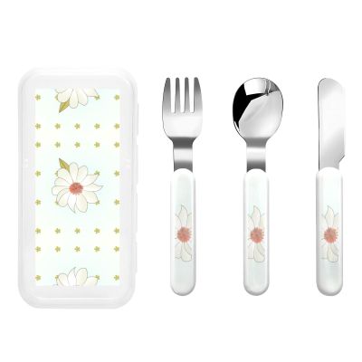 Camellia in bloom Children's tableware 3-piece set, reusable knife, fork and spoon cutlery set, portable children's food protection tableware