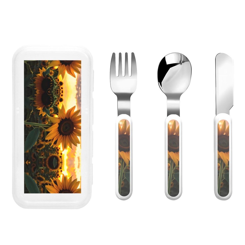 Farm Sunflower Children's tableware 3-piece set, reusable knife, fork and spoon cutlery set, portable children's food protection tableware