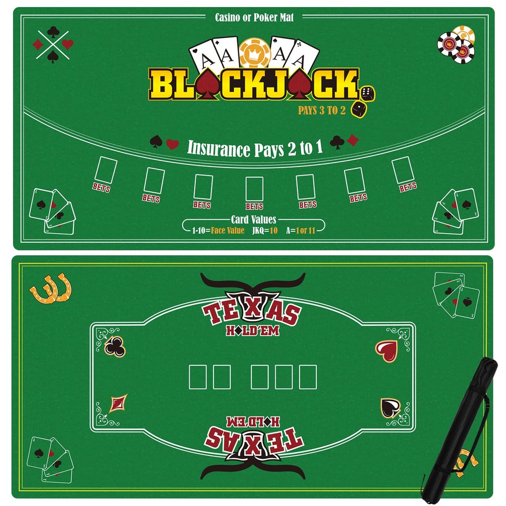 Zomiboo Double Sided Rubber Poker Blackjack Mat 71 x 36 Inch Casino Table Mat with Storage Bag for Blackjack & Texas Holdem Poker, 2 in 1 Texas Hold Poker Table Top Folding Portable Poker Game Favor
