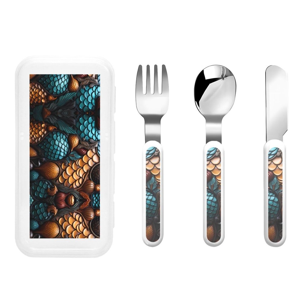 fishscale pattern Children's tableware 3-piece set, reusable knife, fork and spoon cutlery set, portable children's food protection tableware