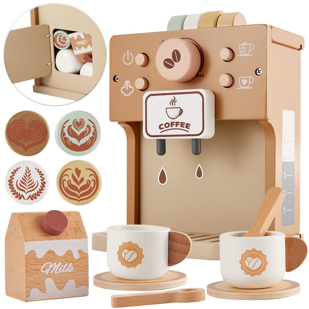 BUYGER Toy Coffee Maker for Kids, Wooden Coffee Playset Pretend Play Kitchen Accessories Gifts for Ages 3 4 5 Year Old Kids Toddler Boys Girls