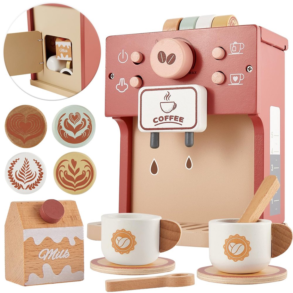 BUYGER Toy Coffee Maker for Kids, Wooden Coffee Playset Pretend Play Kitchen Accessories Gifts for Ages 3 4 5 Year Old Kids Toddler Boys Girls