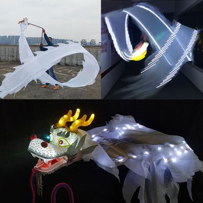 EXCLURA Dragon Poi White Flowy Dragon Poi Set Light Up, Kung Fu Dragon Poi with 3D Real-Like Dragon Head, Single Chinese Spiral Ribbon Streamer, for Outdoor Patio(6m (20ft))