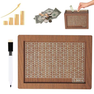 10000 Savings Challenge Box, Wooden Money Box with Money Target and Numbers for Kids Adults (5000)