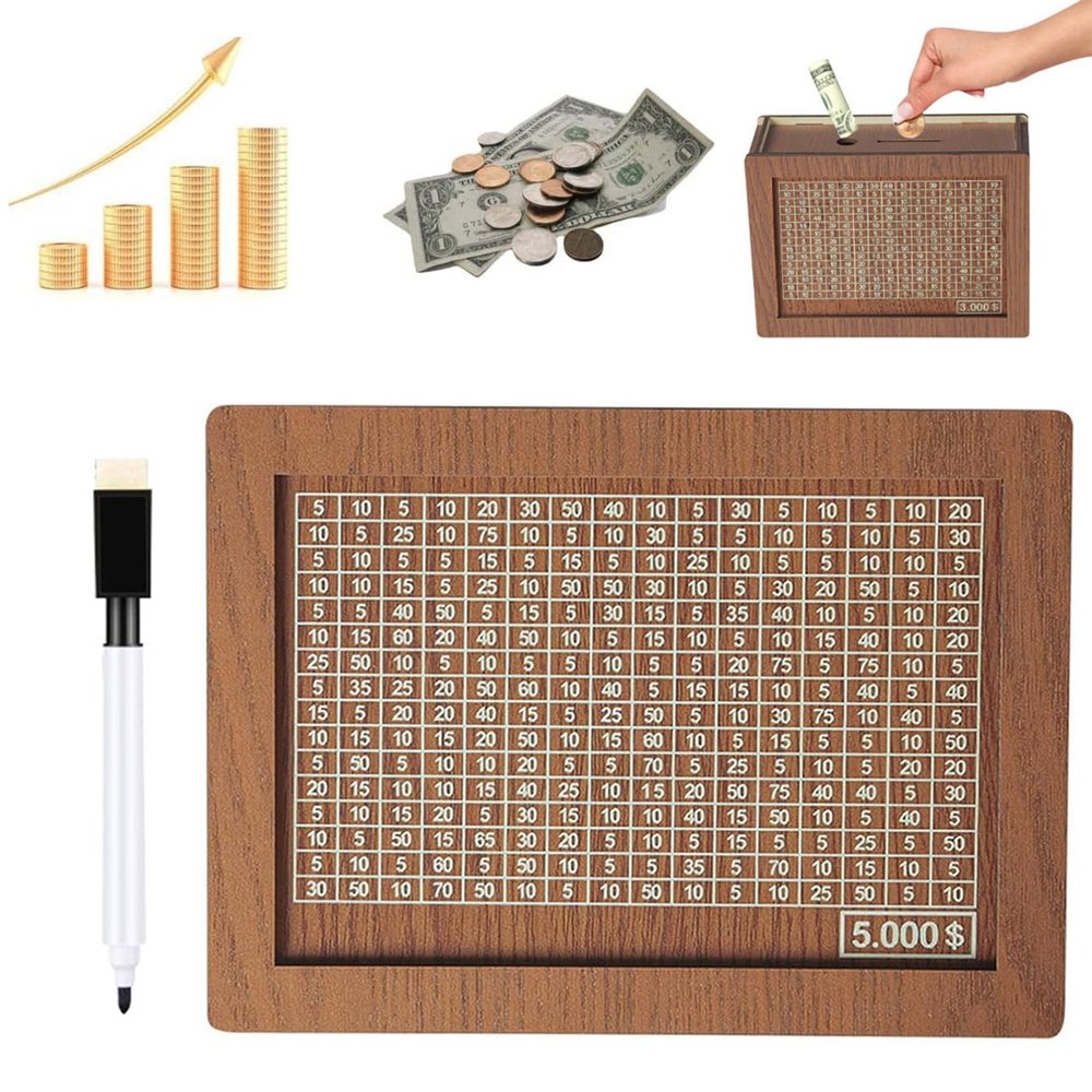 10000 Savings Challenge Box, Wooden Money Box with Money Target and Numbers for Kids Adults (5000)