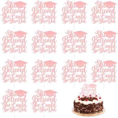 12 PCS Glitter Pink 'She Believed She Could So She Did' Cake Toppers, 6.2x5.3 Inches Graduation Cap Food Picks for Girls, Large Inspirational Desserts Decoration for High School College Party Supplies