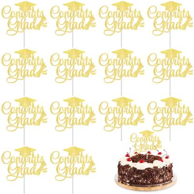 12 Pack Glitter Congrats Grad Cake Toppers, 6.2x4.6 Inches Glittery Graduation Cap Food Picks, Large High School College Graduation Theme Desserts Decorations for Class of 2026 Prom Party Supplies