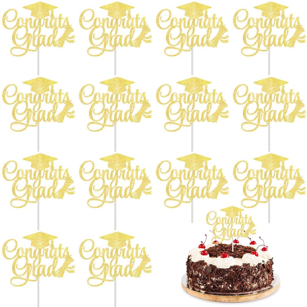 12 Pack Glitter Congrats Grad Cake Toppers, 6.2x4.6 Inches Glittery Graduation Cap Food Picks, Large High School College Graduation Theme Desserts Decorations for Class of 2026 Prom Party Supplies