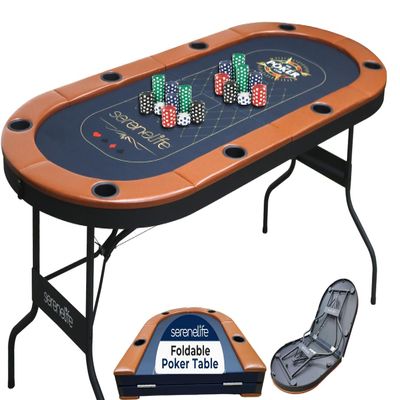 SereneLife 8 Player Foldable Poker Table, 71 inch Portable Casino Table for Texas Holdem w/Cushioned Rail & Cup Holders, Folding Game & Card Table