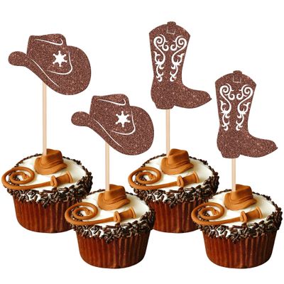 24 PCS Cowboy Cupcake Toppers Glitter Cowboy Hats Boots Cupcake Picks Cowboy Party Cupcake Decorations for Western Theme Baby Shower Boys Birthday Party Cake Decorations Supplies Brown