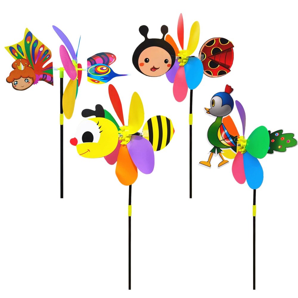 4Pcs Pinwheels for Kids 21x10 Inch Bee Ladybug Angel Peacock Wind Spinners Outdoor Cute Animal Sculpture Decorative Wind Spinners Outdoor