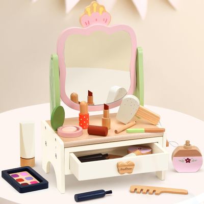 PairPear Wooden Vanity Playset for Kids, Pretend Play Toddler Makeup Toy Beauty Salon Kit with Rotatable Mirror, 19Pcs Solid Wood Beauty Toy Makeup Accessories Gift for Little Girls Age 3+