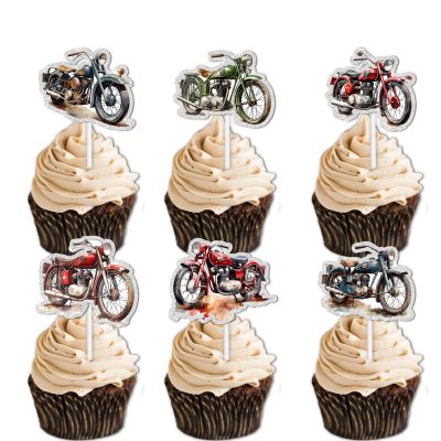 18pcs Red Glitter Dessert Cupcake Topper Cheer to Motorcycle Rider Racing Sport Theme Decor Supplies Men Boys Happy Birthday Party Decorations