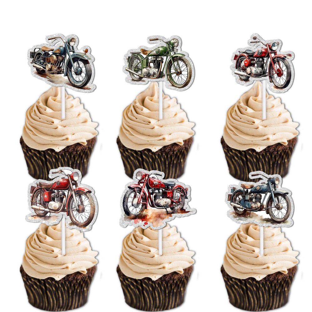 18pcs Red Glitter Dessert Cupcake Topper Cheer to Motorcycle Rider Racing Sport Theme Decor Supplies Men Boys Happy Birthday Party Decorations