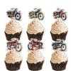 18pcs Red Glitter Dessert Cupcake Topper Cheer to Motorcycle Rider Racing Sport Theme Decor Supplies Men Boys Happy Birthday Party Decorations view 1