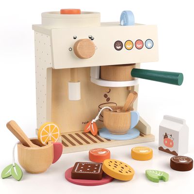 PairPear Wooden Espresso Coffee Maker Toy 18 Piece Barista Role Play Set with Pods, Cups & Cookies, Montessori Pretend Kitchen Accessory Gift for Toddlers & Kids Ages 3+