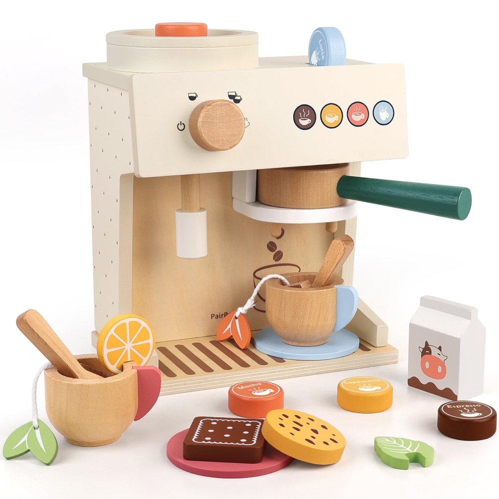 PairPear Wooden Espresso Coffee Maker Toy 18 Piece Barista Role Play Set with Pods, Cups & Cookies, Montessori Pretend Kitchen Accessory Gift for Toddlers & Kids Ages 3+
