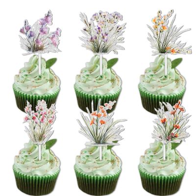 18pcs Glitter Dessert Cupcake Topper Nature Flowers Plants Garden Theme Decor Supplies Woman Lady Girls Happy Birthday Party Decorations