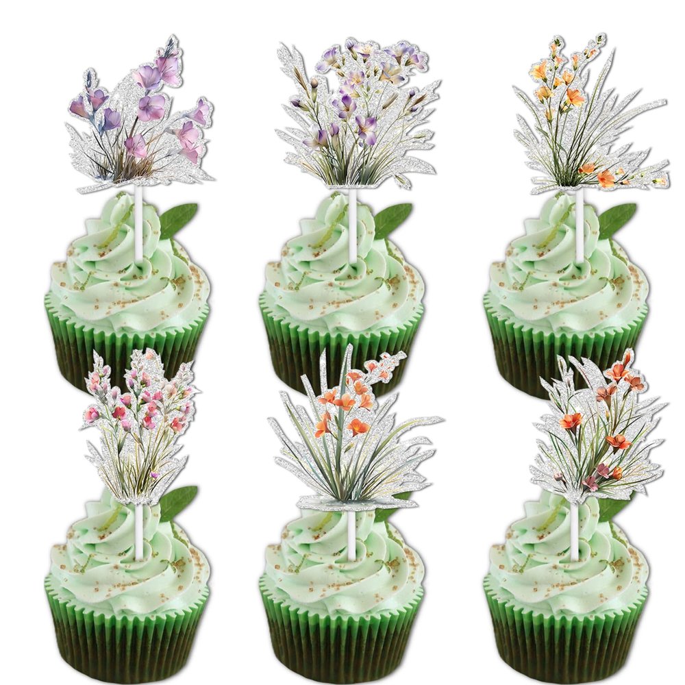 18pcs Glitter Dessert Cupcake Topper Nature Flowers Plants Garden Theme Decor Supplies Woman Lady Girls Happy Birthday Party Decorations