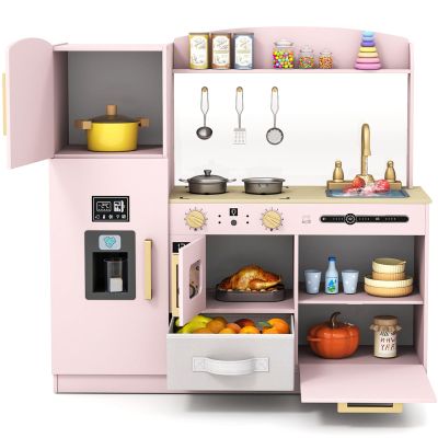 Costzon Kids Kitchen Playset, Wooden Pretend Play Kitchen w/Real Lights & Sounds, Chalkboard, Microwave, Ice Maker, Dishwasher, Sink, Cookware Accessories, Play Kitchen for Kids Ages 3+ (Pink)