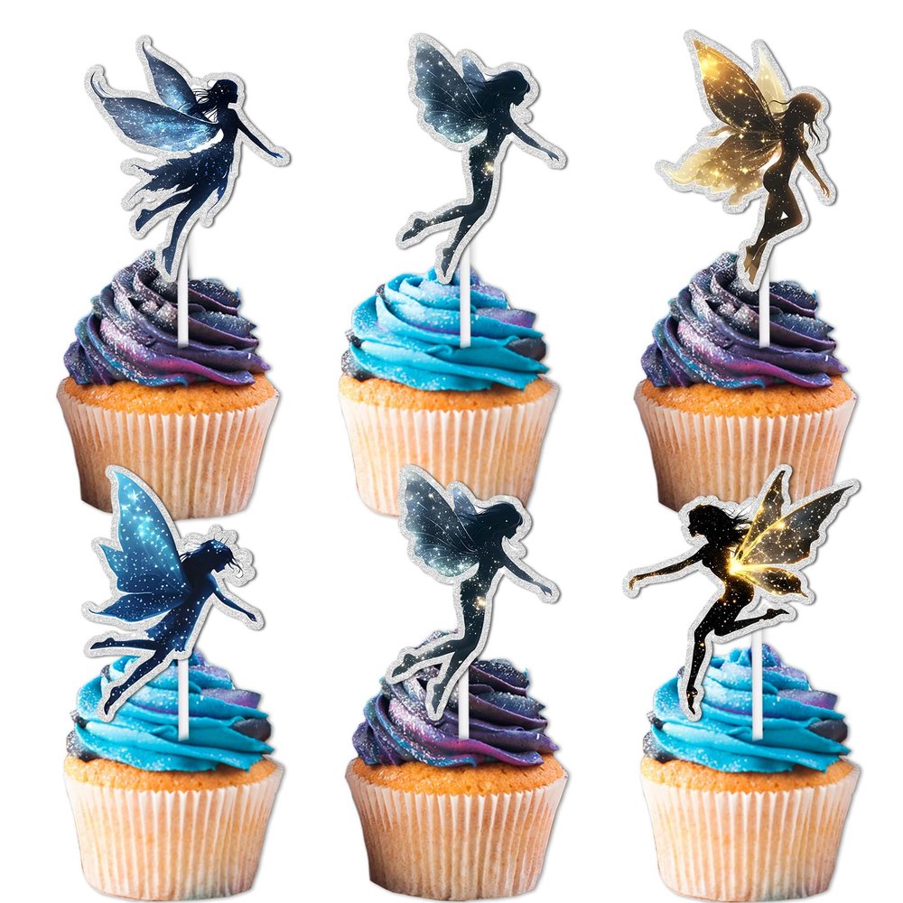 18pcs Glitter Fairy Dessert Cupcake Topper Flower Angel Theme Decorations Women Girls Happy Birthday Wedding Anniversary Party Decor Supplies