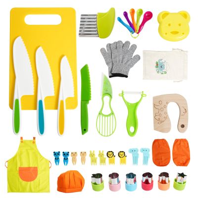 38 Pcs Kids Knife Set, BPA Free Montessori Kitchen Cooking Tools-Kid Safe Knifes, Crinkle Cutters, Avocado Slicer, Cutting Board, Peeler, Apron Gloves Set, Kitchen Tools for 3+ Year Old Girl Boy