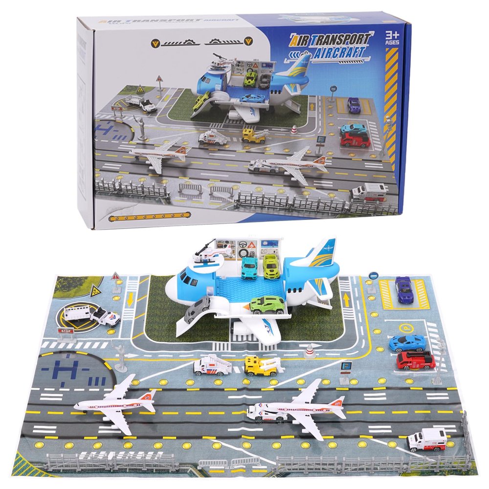 Airplane Toy Car Toy Set Airport Playmat with Helicopter, Truck, Plane, Sign Parking Lot Toy Set with Traffic Signs and Road Accessories Transport Airplane Scene Play Mat for Toddler Age 3+