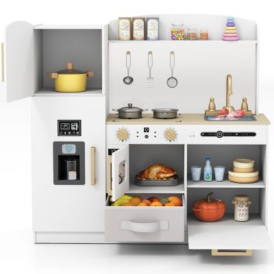 Costzon Kids Kitchen Playset, Wooden Pretend Play Kitchen w/Real Lights & Sounds, Chalkboard, Microwave, Ice Maker, Dishwasher, Sink, Cookware Accessories, Play Kitchen for Kids Ages 3+ (White)