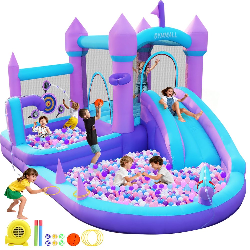 GYMMALL Bounce House for Kids 3-8, Purple Big Inflatable Bouncy Castle with Slide 480W Air Blower Jumping Space Ball Pit Swim Pool Basketball, Indoor Bouncy House for Party Birthday Event Gift